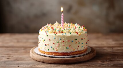 Birthday Cake : A decorated birthday cake with a lit candle on a wooden table. AI-generated.