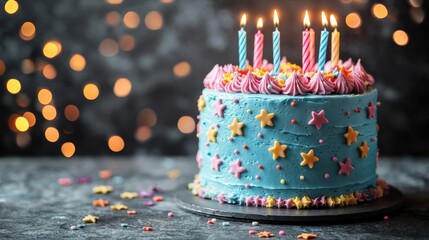 Birthday Cake : Delicious birthday cake with candles and colorful decorations. AI-generated.