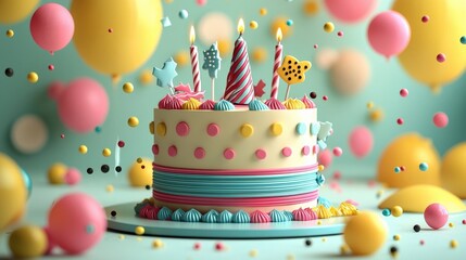 Birthday Cake : Colorful birthday cake surrounded by balloons and festive decorations. AI-generated.