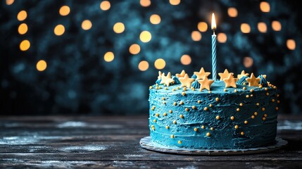 Birthday Cake : Celebratory cake with stars and a candle against a blurred background. AI-generated.