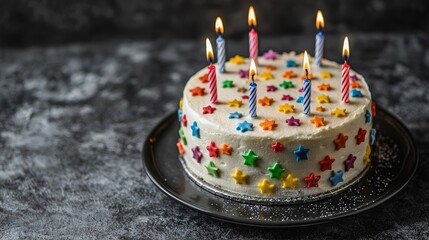 Birthday Cake : Delicious birthday cake with colorful decorations and candles. AI-generated.
