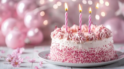 Birthday Cake : Birthday cake with candles surrounded by pink balloons and flowers. AI-generated.