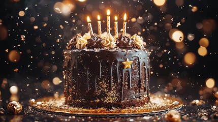 Birthday Cake : Delicious chocolate cake with candles glowing in a festive atmosphere. AI-generated.
