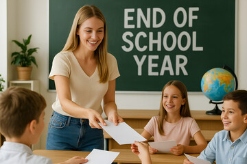 Happy teacher giving certificates to students on last day of school