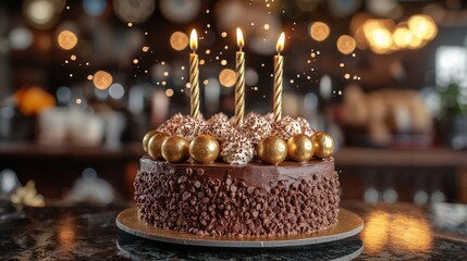 Birthday Cake : Chocolate cake with candles, decorated for a celebration. AI-generated.