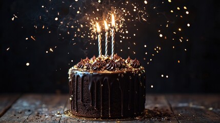 Birthday Cake : Chocolate cake with candles and sparkling decorations. AI-generated.