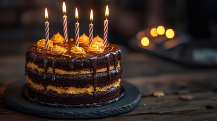 Birthday Cake : Delicious chocolate cake with candles celebrating a special occasion. AI-generated.