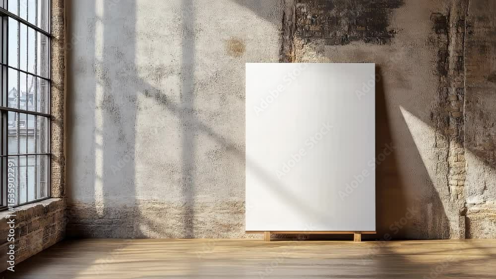 Aufkleber empty canvas in industrial space: an empty canvas stands ready in an industrial loft, framed by a la