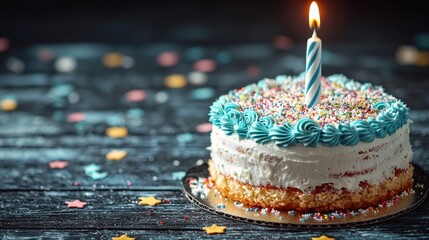 Birthday Cake : Birthday cake with a candle surrounded by colorful sprinkles. AI-generated.