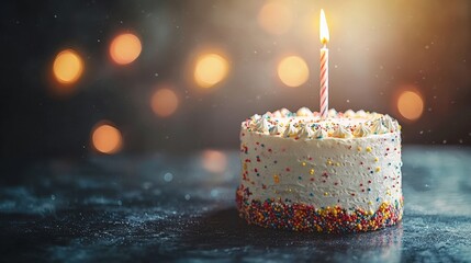 Birthday Cake : A lit birthday cake with a candle against a bokeh background. AI-generated.