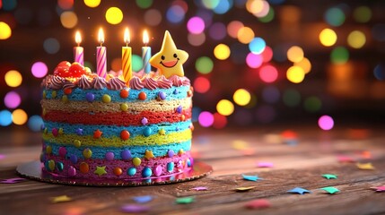 Birthday Cake : Colorful birthday cake with candles and festive decorations. AI-generated.