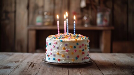 Birthday Cake : Birthday cake with candles on a rustic wooden table. AI-generated.