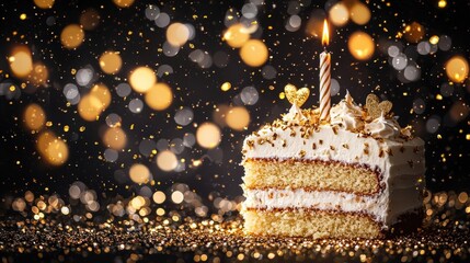 Birthday Cake : Cake with a candle surrounded by bokeh lights. AI-generated.