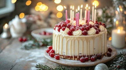 Birthday Cake : Delicious cake with candles and festive decorations for celebration. AI-generated.