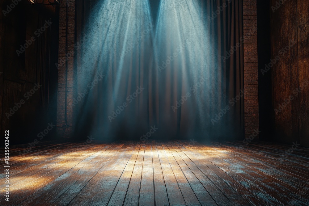 Aufkleber stage lighting shines on wooden floor in empty theatre with curtains and brick wall creating a drama