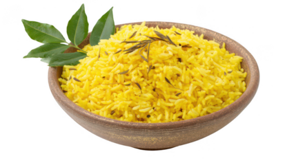 A bowl of yellow rice, Indian-style, with spices and leaves on a white background, png, transparent