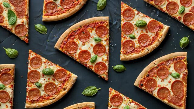 Pattern of delicious pepperoni pizza slices with basil leaves create a mouthwatering pattern.