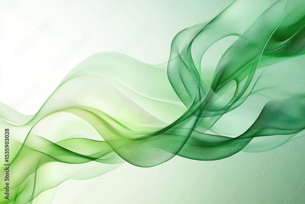 Poster Abstract green fabric waves gracefully against a light backdrop, creating a smooth and flowing form, blending light green tones with an elegant, soft texture