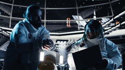 Team of astronauts running data analysis on laptop before stepping out outside space station....