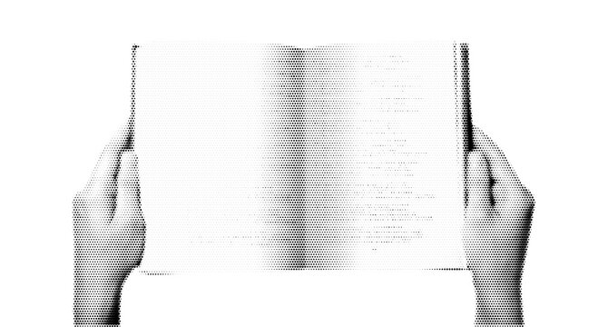 Halftone Illustration of Hands Holding an Open Blank Book in a Minimalist Design