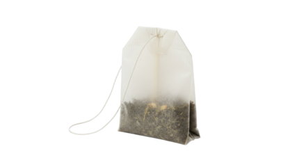 Translucent tea bag filled with green tea leaves and a white string.