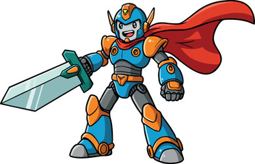 Obraz premium Cartoon Robot Warrior with Red Cape and Large Sword Vector Illustration 