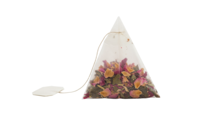 Triangular Tea Bag Filled with Dried Rose Petals and Herbs.