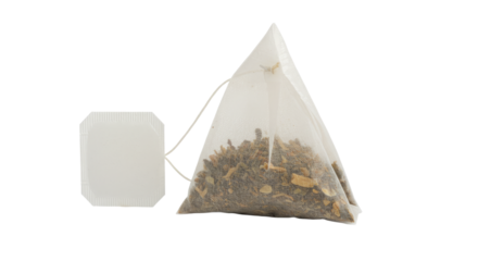 Triangular Tea Bag with Tag Showing Herbal Contents and String.