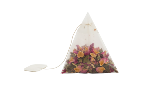 Triangular Tea Bag Filled with Dried Rose Petals and Herbs.