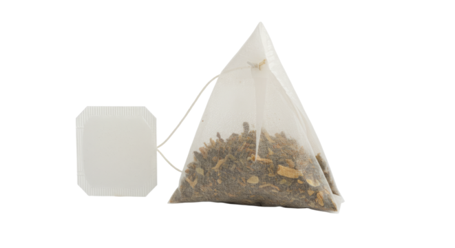 Triangular Tea Bag with Tag Showing Herbal Contents and String.
