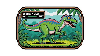 Fierce pixel art dinosaur roars in a jungle setting, part of a vintage platformer style video game interface, with health points and score, over a transparent background