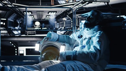 Unhappy cosmonaut sighs, having mental health affected by prolonged solitude. Depressed astronaut...