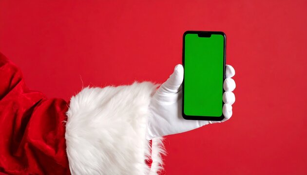 Santa Claus holds a phone with a green screen