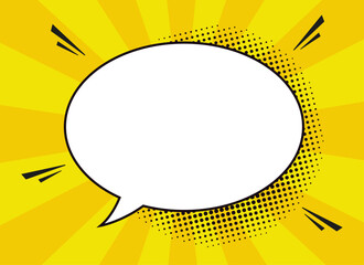 Blank comic speech bubble template for text in retro pop art style with halftone dots, quotation marks and ray background. Vector illustration.