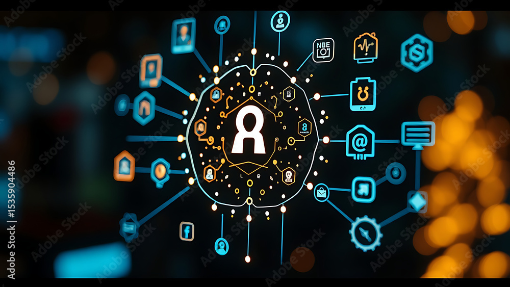 Aufkleber exploring the impact of artificial intelligence through various icons representing technology and co
