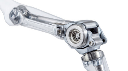 Close up of an arthroscopy camera exploring the intricate mechanics of an artificial knee joint, showcasing its advanced technology and precision engineering on a transparent background