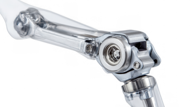 Close up of an arthroscopy camera exploring the intricate mechanics of an artificial knee joint, showcasing its advanced technology and precision engineering on a transparent background