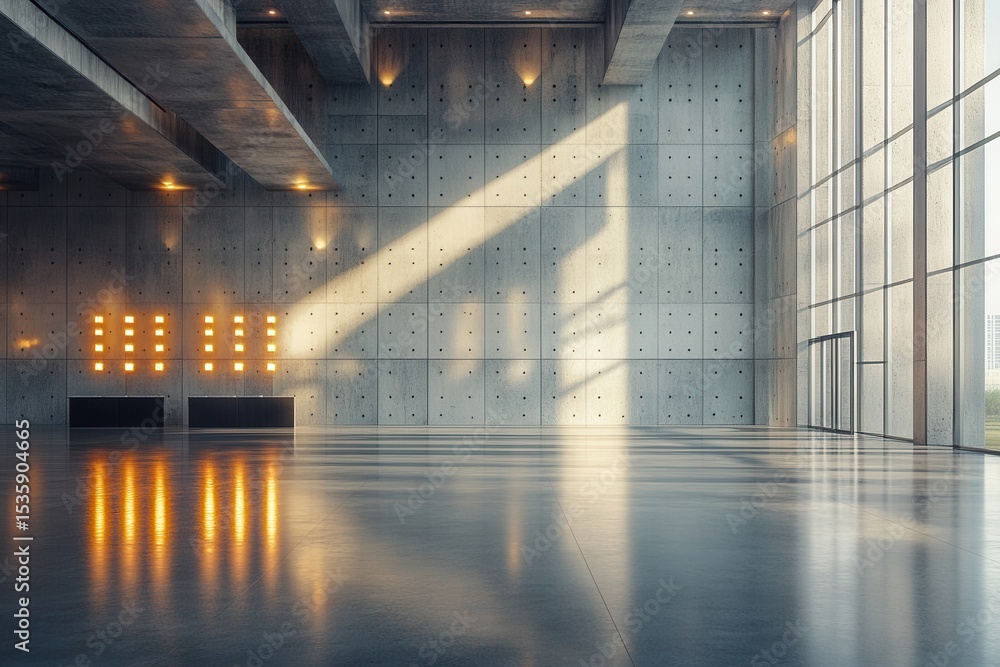 Poster Grand hall in warm tones with cathedral window displays seating areas and tables in the evening illuminating reflections in a modern architectural space
