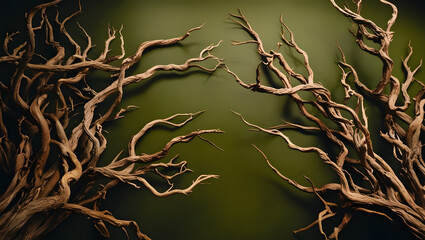a dramatic, high-contrast, cinematic photograph featuring a sprawling arrangement of gnarled, twisted branches, set against a lush, vibrant olive green background, with a bohemian-inspired composition