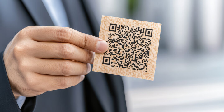 A hand is holding a QR code on a square piece of paper. Digital technology, information sharing - Powered by Adobe