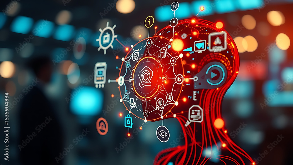 Aufkleber exploring the impact of artificial intelligence through various icons representing technology and co
