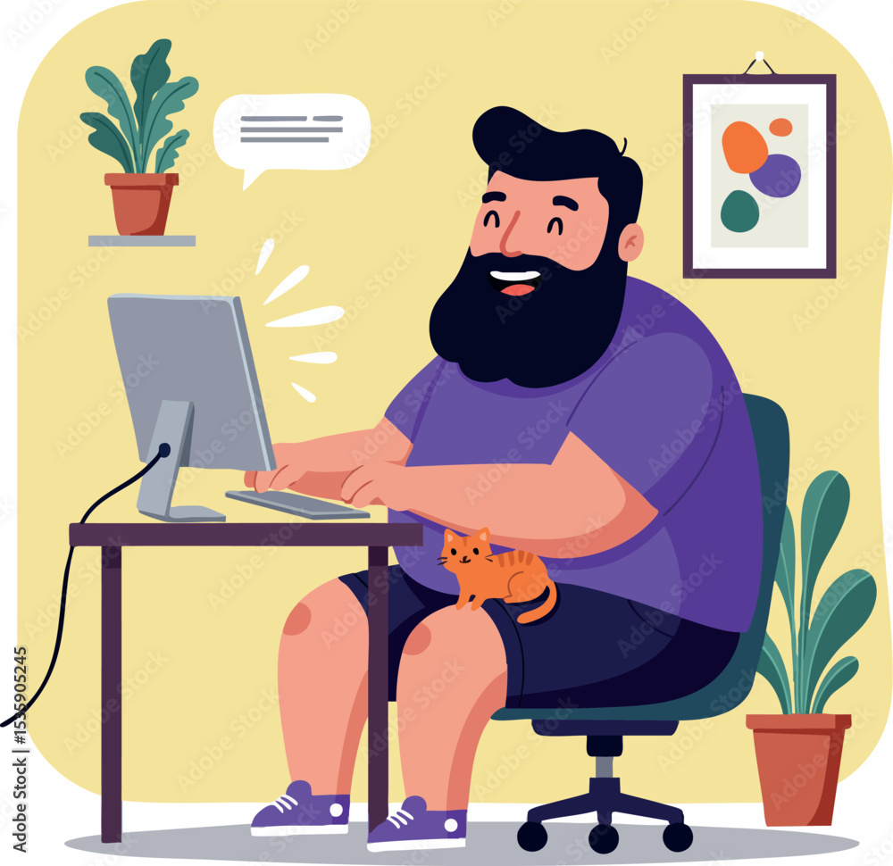 Poster bearded man working on computer with orange cat on lap in home office interior