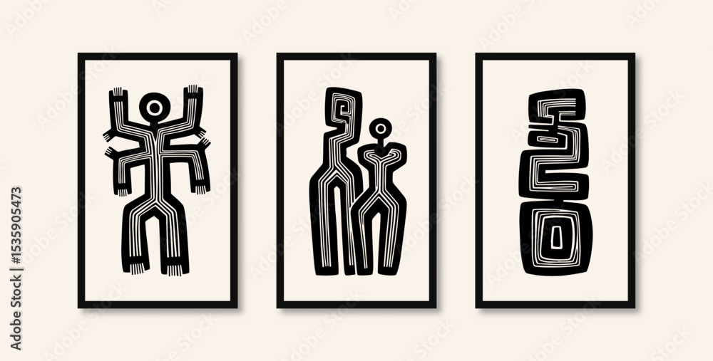 Poster abstract art of three different paintings of humanoids with abstract shapes made with thick and thin