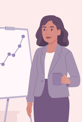 Elegant businesswoman presenting data on a chart, wearing a lavender suit in a modern office. Flat illustration style, startup theme, soft pastel palette.