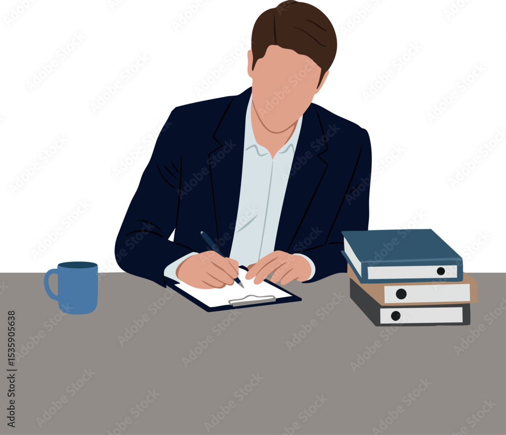 Poster man writing notes at desk with folders and coffee cup in office setting vector illustration