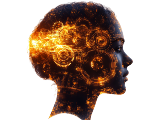 A digital rendering of a woman's profile with an abstract depiction of gears and energy, symbolizing creativity and technology.
