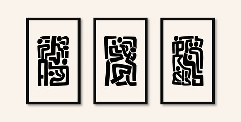 Abstract art of people creating a maze-like pattern made with abstract shapes with thick lines on paintings