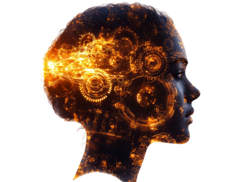 A digital rendering of a woman's profile with an abstract depiction of gears and energy, symbolizing creativity and technology.