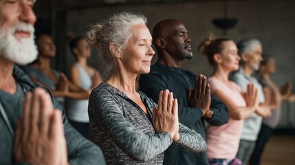Serene Senior Yoga Class Group Meditation Practice Peaceful Mindful Wellness Exercise Healthy Lifestyle Active Aging Retirement Wellbeing Spiritual Inner Peace Tranquil Atmosphere 