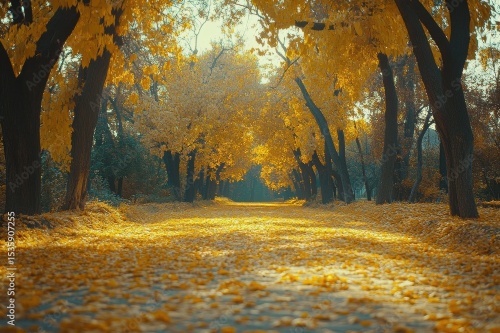 Poster autumn leaves cover the ground in a dense forest with tall trees during daytime in fall, and a hazy 